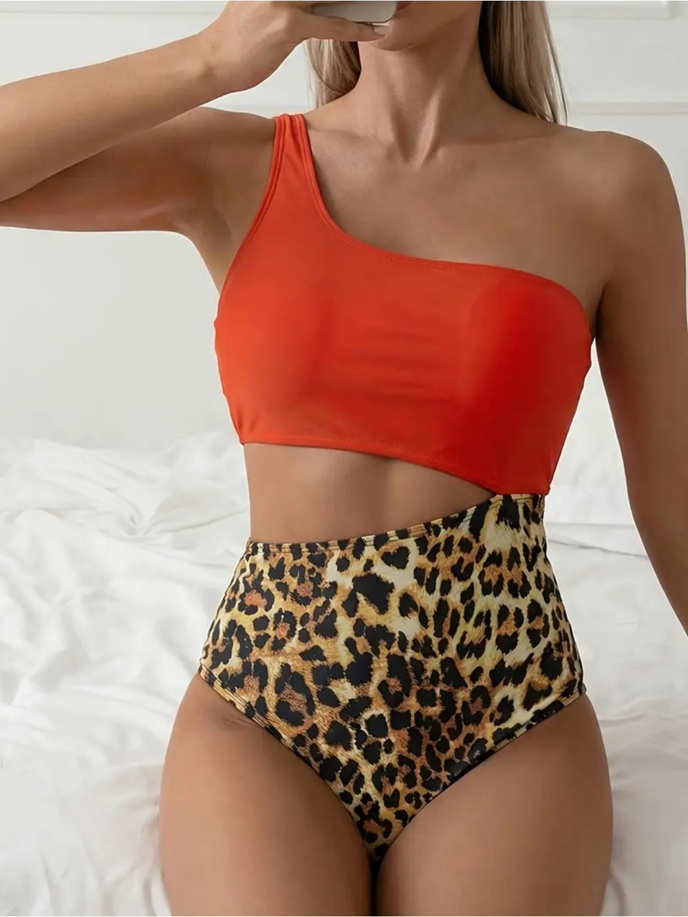 NEW Women’s One-Shoulder Orange One Piece Swimsuit w. Leopard High-Waist Bottom